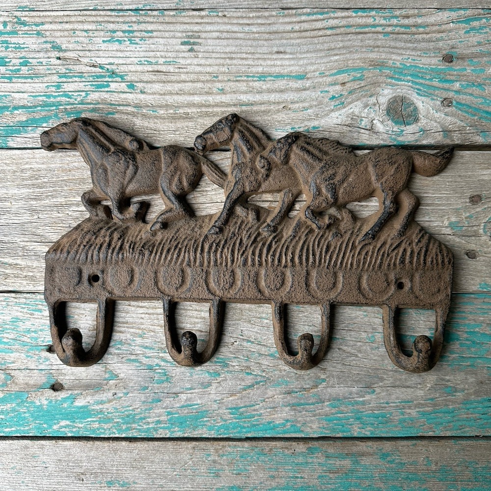 VTG Running Horses Rustic Cast Iron Coat Hanger 11 Inch Wall Hooks Key Rack